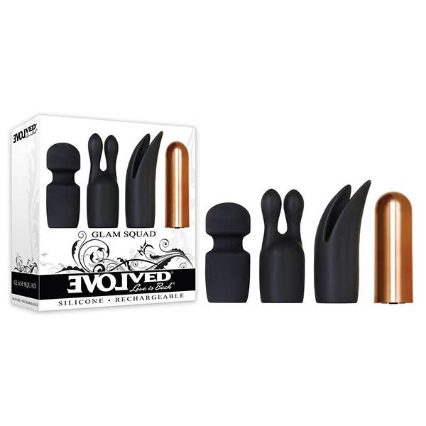 Evolved - glam squad - clirotal vibrator - Product front view and box front view | Flirtybay.com.au
